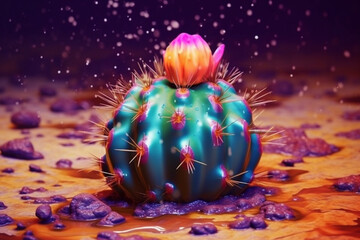 Poster - An abstract surreal photograph of a Peyote cactus (Lophophora williamsii) splashed in bright paint, Generative AI technology.