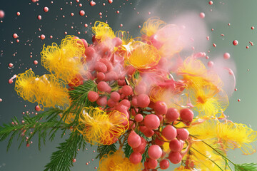 Poster - An abstract surreal photograph of a Mimosa hostilis (Jurema) splashed in bright paint,  Generative AI technology.
