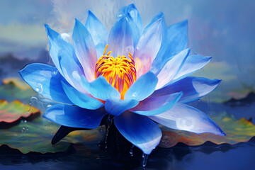 Poster - An abstract surreal photograph of a Blue lotus (Nymphaea caerulea) splashed in bright paint,  Generative AI technology.