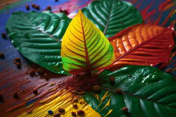Leinwandbilder - An abstract surreal photograph of a Kratom (Mitragyna speciosa) splashed in bright paint,  Generative AI technology.