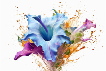 Poster - An abstract surreal photograph of a Morning glory (Rivea corymbosa) splashed in bright paint, Generative AI technology.