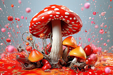 Poster - An abstract surreal photograph of a Amanita muscaria (Fly agaric) splashed in bright paint,  Generative AI technology.