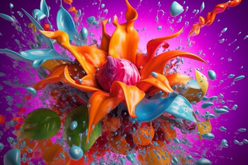 Poster - An abstract surreal photograph of a Calea zacatechichi (Dream herb) splashed in bright paint,  Generative AI technology.