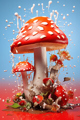 Aufkleber - An vibrant image of a Fly agaric (Amanita muscaria) splashed in bright paint,  Generative AI technology.