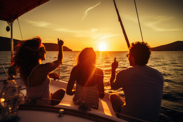 Group of friends having fun in luxury yach boat. Young men and women enjoy travel, vacation, travel on boat yacht sailing in sea, ocean at sunset on summer