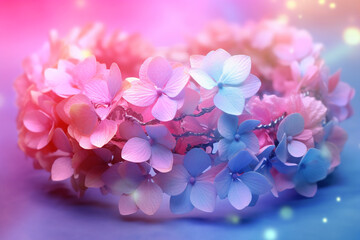 Poster - An image of a flower crown made with delicate Hydrangea, smooth elegant transparent fabric on bright bokeh background.  Generative AI technology.