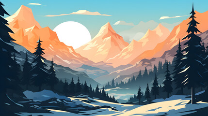 Wall Mural - Snowy Winter mountains landscape flat design background