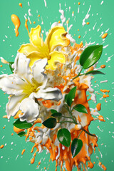 Leinwandbilder - An abstract surreal photograph of a Jasmine splashed in bright paint.  Generative AI technology.