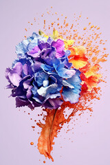 Aufkleber - An abstract surreal photograph of a Hydrangea splashed in bright paint. Generative AI technology.