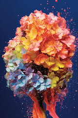 Poster - An abstract surreal photograph of a Hydrangea splashed in bright paint. Generative AI technology.