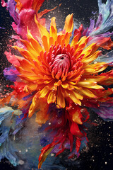 Poster - An abstract surreal photograph of a Chrysanthemum splashed in bright paint.  Generative AI technology.