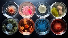 Background With Mixed Bacteria Colonies, Fungi Or Microbes In Various Petri Dish. Growing Cultures Of Microorganisms