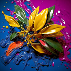 Poster - An abstract surreal photograph of a Bay leaves splashed in bright paint. Generative AI technology.