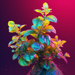 Poster - An abstract surreal photograph of a Marjoram splashed in bright paint.  Generative AI technology.