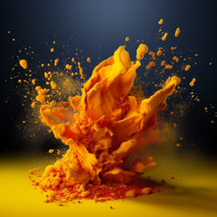 Poster - An abstract surreal photograph of a Turmeric splashed in bright paint.  Generative AI technology.