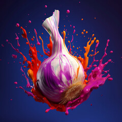 Poster - An abstract surreal photograph of a Garlic splashed in bright paint.  Generative AI technology.