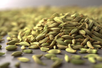 Poster - A close-up photo of fennel seeds, featuring their elongated shape and pale greenish-brown color.  Generative AI technology.