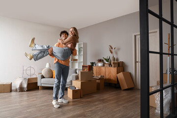 Sticker - Young couple having fun in room on moving day