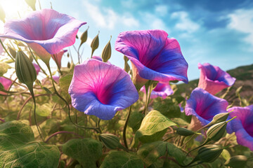 Poster - A close-up shot of Morning glory (Ipomoea tricolor), displaying its trumpet-shaped flowers and the presence of psychoactive ergoline alkaloids.  Generative AI technology.