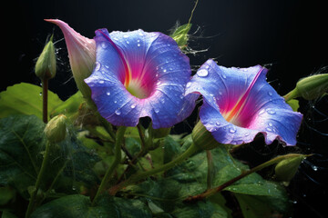 Aufkleber - A close-up shot of Morning glory (Ipomoea tricolor), displaying its trumpet-shaped flowers and the presence of psychoactive ergoline alkaloids.  Generative AI technology.