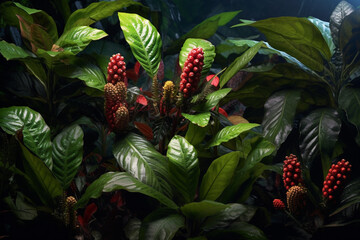Poster - A photo featuring Ayahuasca analog plants (Psychotria viridis, Diplopterys cabrerana), known for their role in Ayahuasca brews and visionary experiences.  Generative AI technology.