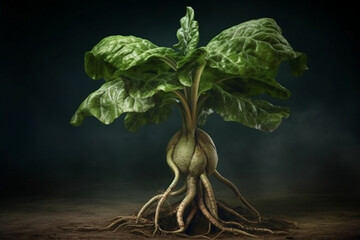 Poster - An artistic image of Mandrake (Mandragora officinarum), with its distinctive root shape, dark green leaves, and historical association with magic and folklore.  Generative AI technology.