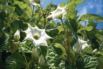 Poster - A vibrant picture capturing Jimsonweed (Datura stramonium), highlighting its large, white, trumpet-shaped flowers and hallucinogenic properties.  Generative AI technology.