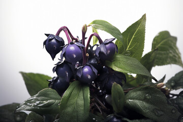Poster - An artistic photo showcasing Belladonna (Atropa belladonna), with its dark purple or black berries, distinctive bell-shaped flowers, and toxic hallucinogenic properties. Generative AI technology.