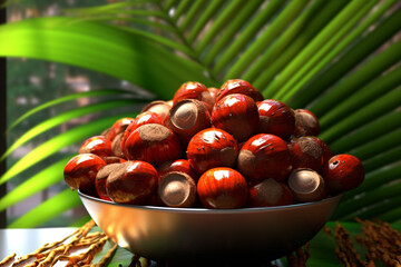 Fototapete - A picture featuring Betel nut (Areca catechu), highlighting the chewing practice, the nut's reddish-brown color, and its stimulating and psychoactive effects. Generative AI technology.
