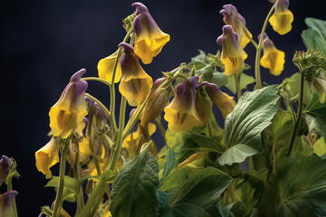 Poster - An artistic image of Henbane (Hyoscyamus niger), with its distinctive yellow or purple flowers, and its historical use as a hallucinogen and medicinal plant.  Generative AI technology.