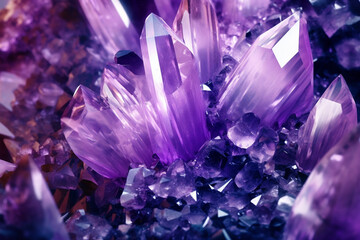 Fototapete - A close-up shot of Amethyst, showcasing its violet or purple color, translucent appearance, and beautiful crystal formations.  Generative AI technology.