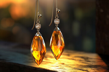 Aufkleber - An artistic photo of a pair of dangle earrings featuring faceted Citrine gemstones, catching the light and adding a touch of warmth and positivity to any outfit.  Generative AI technology.