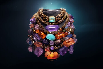 Aufkleber - necklace adorned with various gemstone pendants, including Amethyst, Aquamarine, and Garnet, symbolizing different qualities and intentions. Generative AI technology.