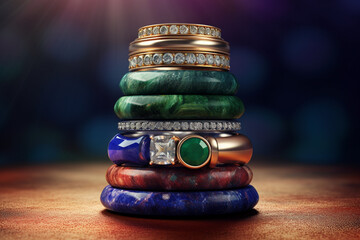 Aufkleber - A photo showcasing a stack of gemstone rings in different colors and textures, including Malachite, Lapis Lazuli, and Rhodonite, Generative AI technology.