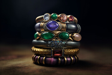 Aufkleber - A photo showcasing a stack of gemstone rings in different colors and textures, including Malachite, Lapis Lazuli, and Rhodonite, Generative AI technology.