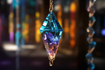 Poster - A close-up shot of a crystal pendulum, suspended from a delicate chain, used for divination, energy healing, and spiritual guidance.  Generative AI technology.