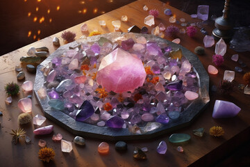 Wall Mural - A photo showcasing a crystal grid, with carefully arranged crystals such as Clear Quartz points, Amethyst clusters, and Rose Quartz,  Generative AI technology.