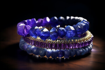 Aufkleber - A vibrant photo of a crystal bracelet stack, featuring different gemstone bracelets like Amethyst, Labradorite, and Lapis Lazuli,  Generative AI technology.