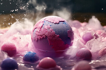 Wall Mural - An artistic photo of a crystal-infused bath bomb, with colorful bath bomb spheres containing embedded crystals like Rose Quartz or Amethyst,  Generative AI technology.