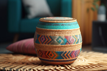 Aufkleber - A photo showcasing a handwoven rattan basket with a lid, perfect for storing blankets or organizing household items,  Generative AI technology.