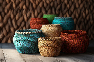 Poster - An image capturing a set of nesting baskets made from seagrass, showcasing different sizes and shapes,  Generative AI technology.