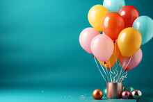 Birthday Party Balloons, Colourful Balloons Background And Birthday Cake With Candles	