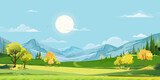 Fototapeta Dinusie - Spring Landscape,Mountain with green field,blue sky and clouds,Panorama Summer rural nature in with grass land on hill.Cartoon Vector illustration backdrop for Nature banner 