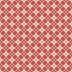 Wall Mural - Vector geometric seamless pattern with rounded grid, net, mesh, lattice, circles, diamonds, curved lines. Simple abstract red and beige background. Retro vintage style ornament texture. Repeat design