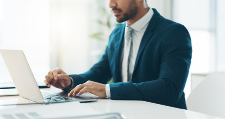 Poster - Business man, suit and typing on laptop for network update, corporate insight and review in law firm. Closeup of lawyer, attorney and working on computer for legal research, planning admin and email
