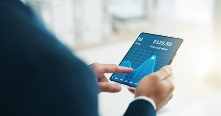 Poster - Hands, tablet and stock market trader for cryptocurrency price, graphs and data on fintech software. Closeup of business man, digital screen and financial trading, investment or infographic of stocks