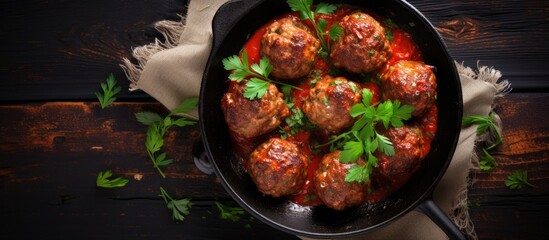 Poster - Top view of meatballs made from a combination of beef and pork meat, cooked in a rustic pan with tomato