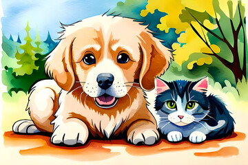 Cute puppy and kitten together