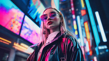 Futuristic Street Fashion Portrait In An Abstract Digital Cityscape, Neon Colors, Anime - Inspired, Cyberpunk Feel