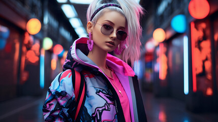 Wall Mural - Futuristic street fashion portrait in an abstract digital cityscape, neon colors, anime - inspired, cyberpunk feel
